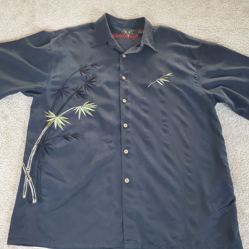 Bamboo Cay Button Down Men's XL Black Bamboo Embroidered Short Sleeve Camp Shirt